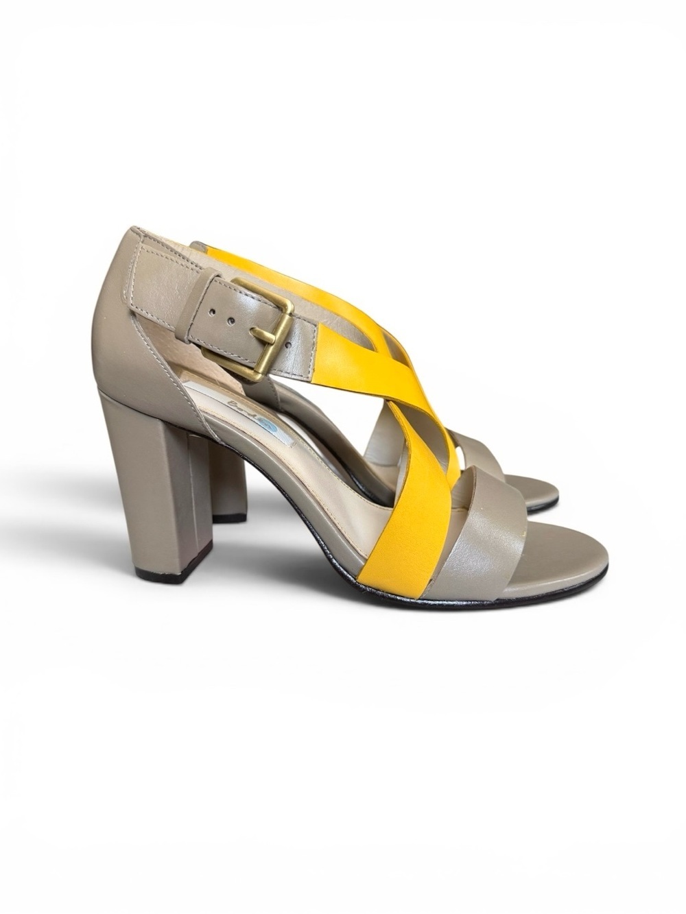 NWOT Boden Taupe and Yellow Crisscross Block Heel Sandals